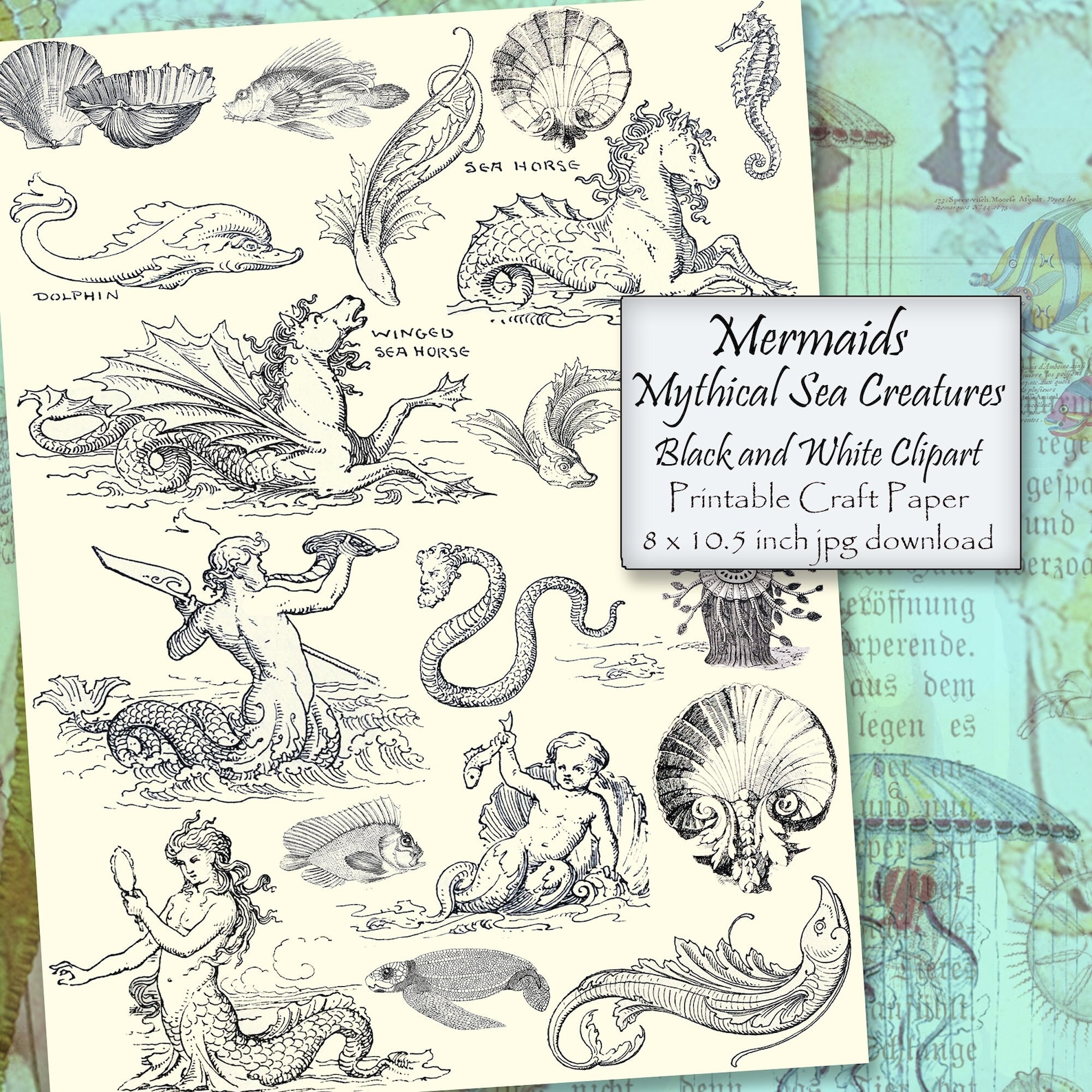 Printable Sea Creatures Clipart, Mermaids, Mythical Sea Horses ...