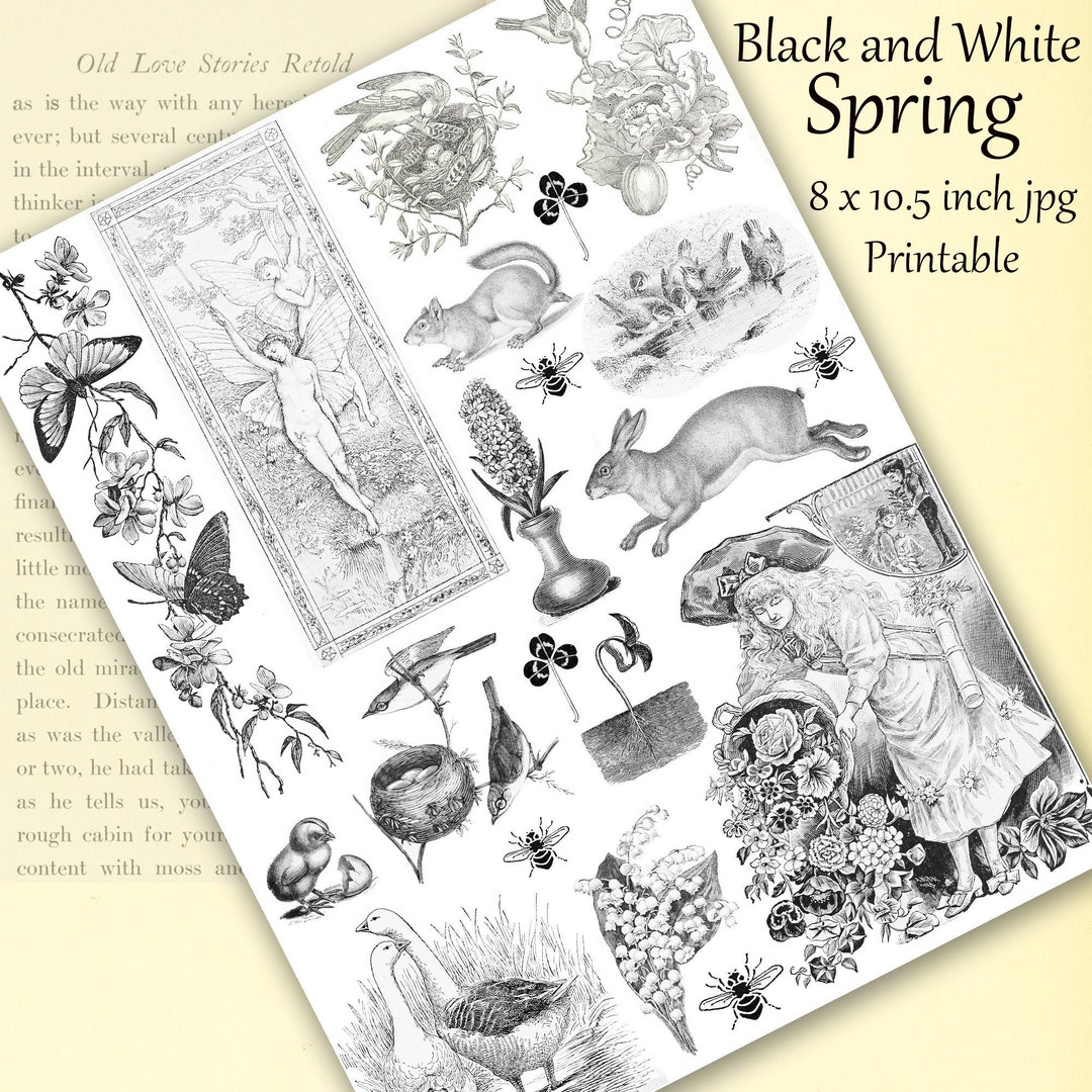 Spring Ephemera Printable in Black and White for Scrapbooking ...