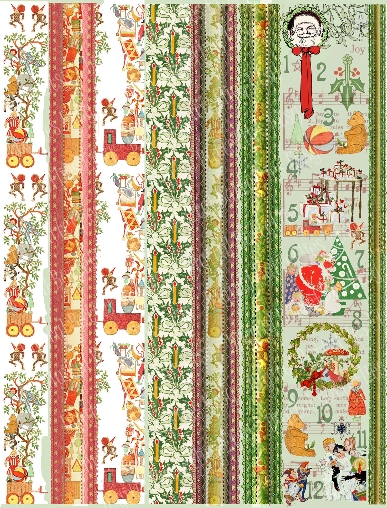 Printable Vintage Style Christmas Craft Papers, Ribbon Strips and Faux ...