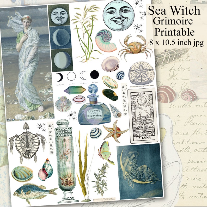 Sea Witch Grimoire Printable Scrapbook Paper, Pagan Wiccan Junk Journal, Digital Collage Sheet, Instant Download image 1