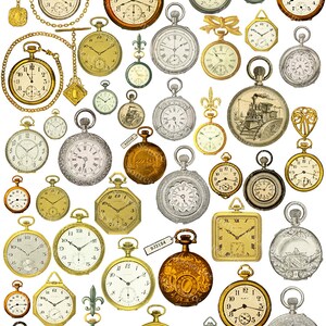 Printable Pocket Watches and Clock Faces, Vintage Illustrations Steampunk Clip Art Craft Paper Clockwork 8 x 10.5 inch Download image 2