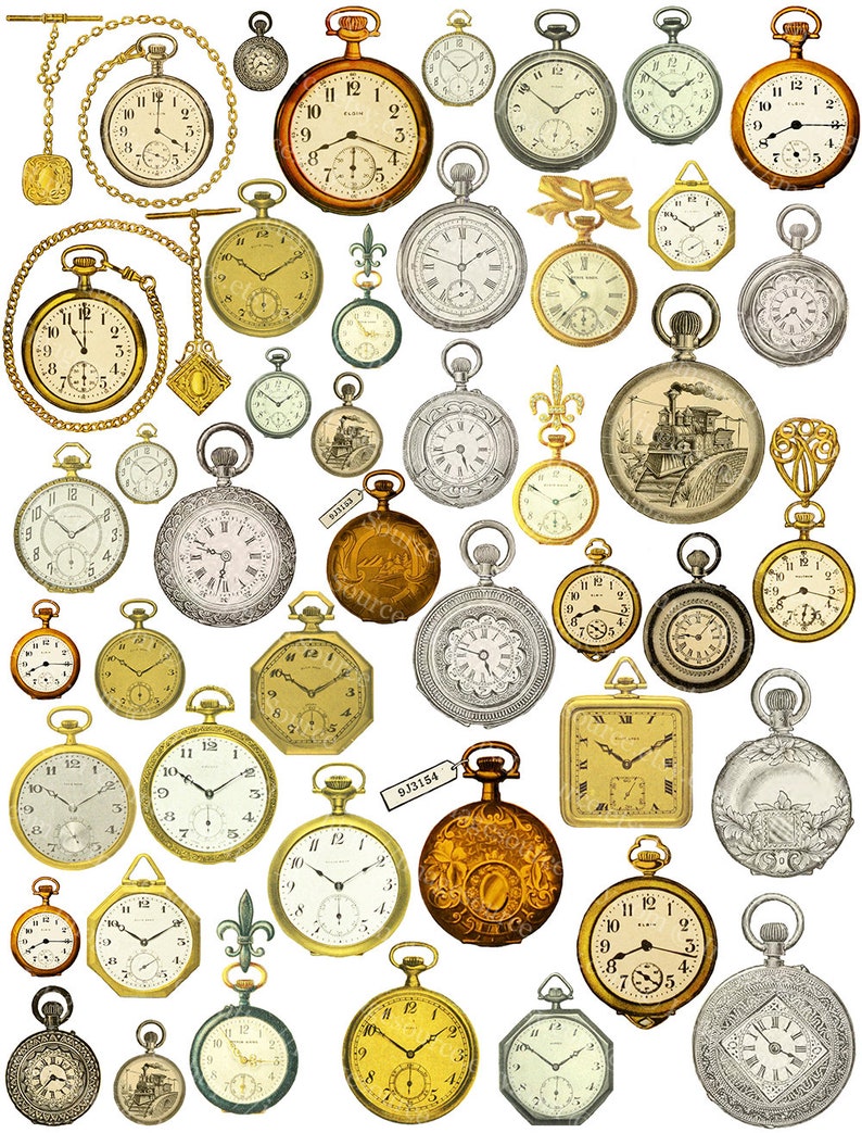 Printable Pocket Watches and Clock Faces, Vintage Illustrations Steampunk Clip Art Craft Paper Clockwork 8 x 10.5 inch Download image 2