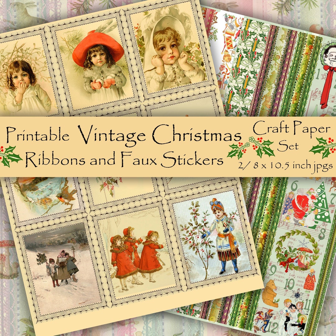 Printable Vintage Style Christmas Craft Papers, Ribbon Strips and Faux ...