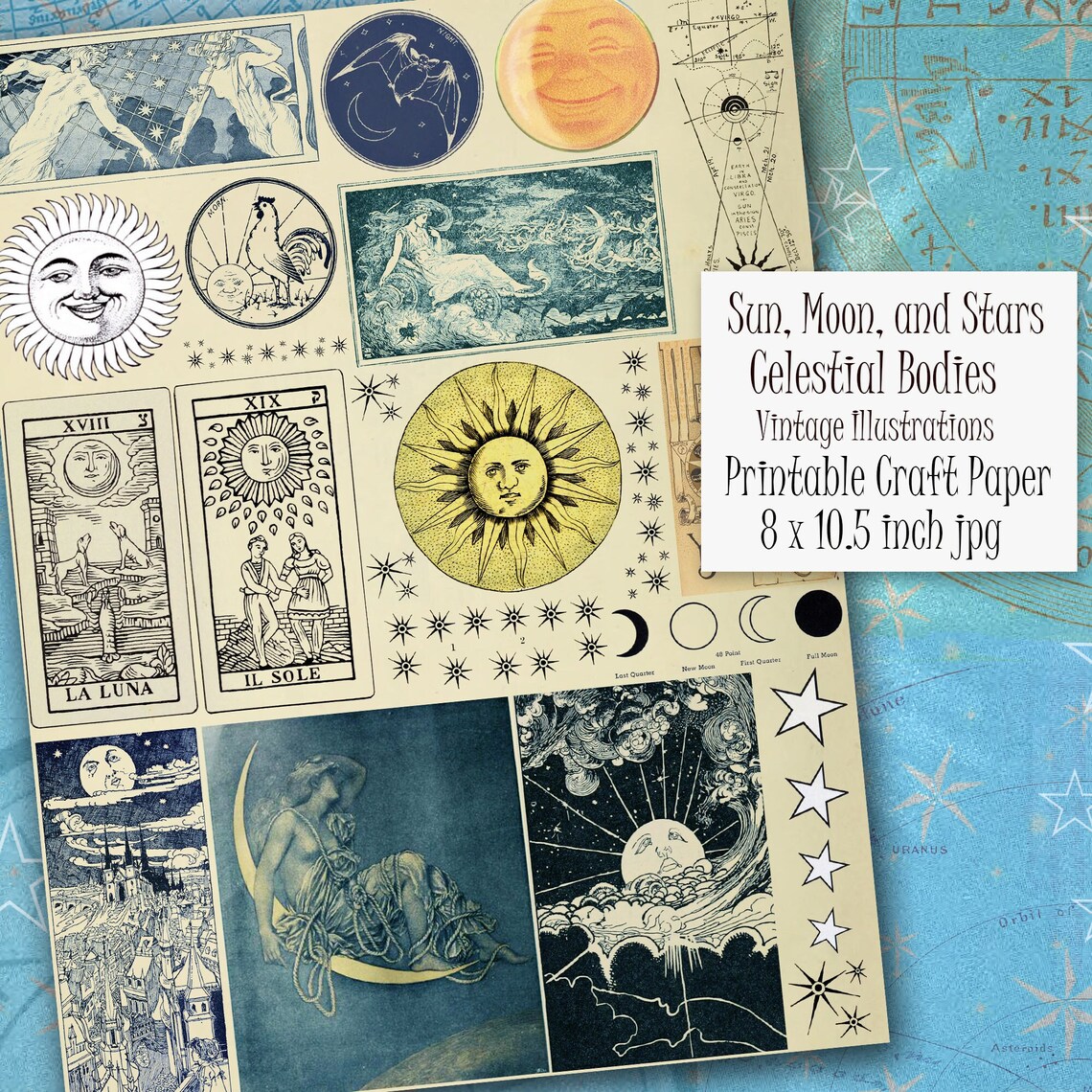 Druckbare Sonne, Mond und Sterne Vintage Illustrationen, 8 x 10,5 inch ...
