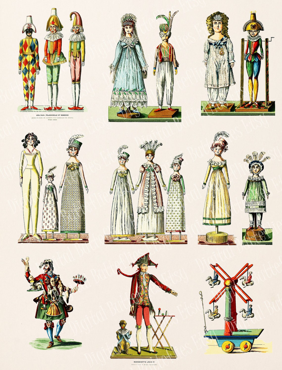 Printable French Theater Puppets, 9 Digital Antique