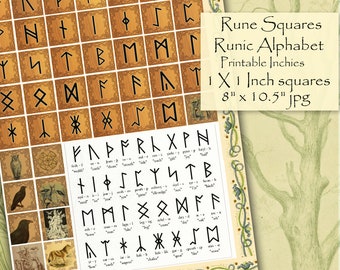 Runes Printable Square Inch Pendant Images, Digital Collage Sheet, Runic Alphabets One Inch Tile Images, Instant Download