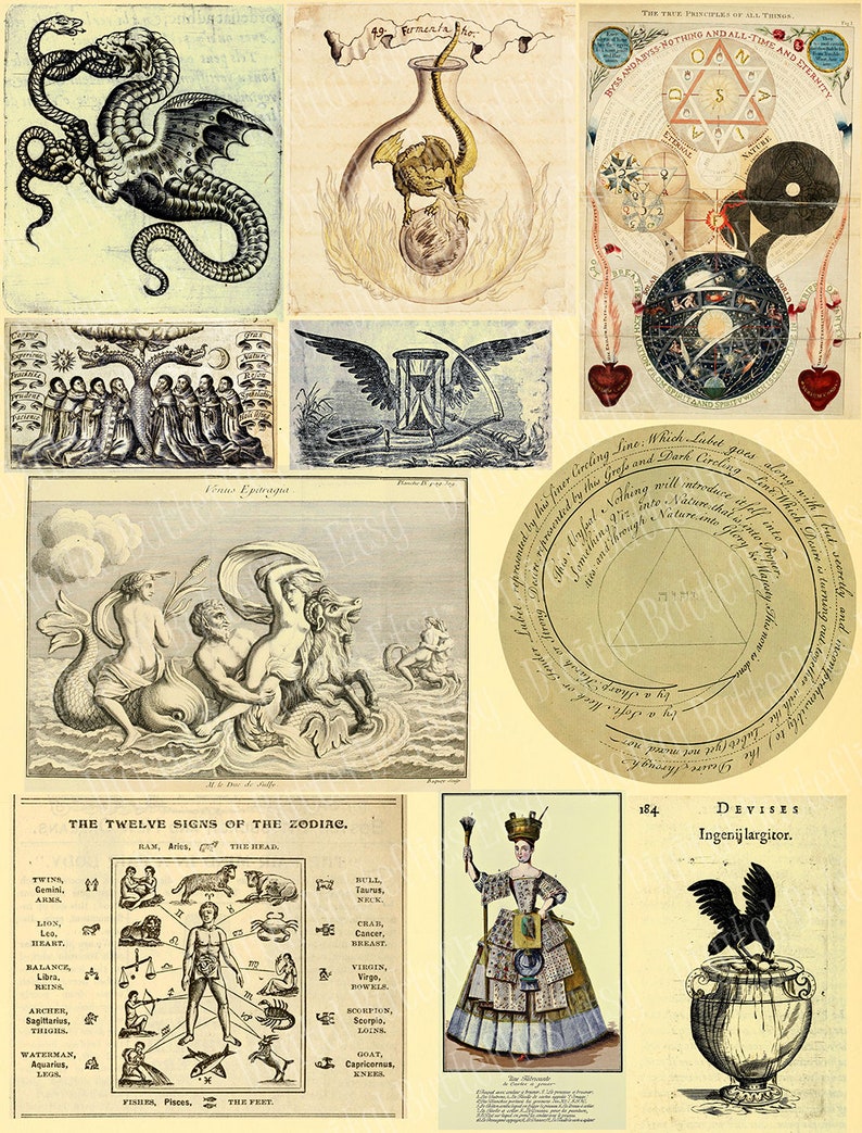 Dragons and Mystic Symbols Printable Alchemy Collage Sheet, Occult ...