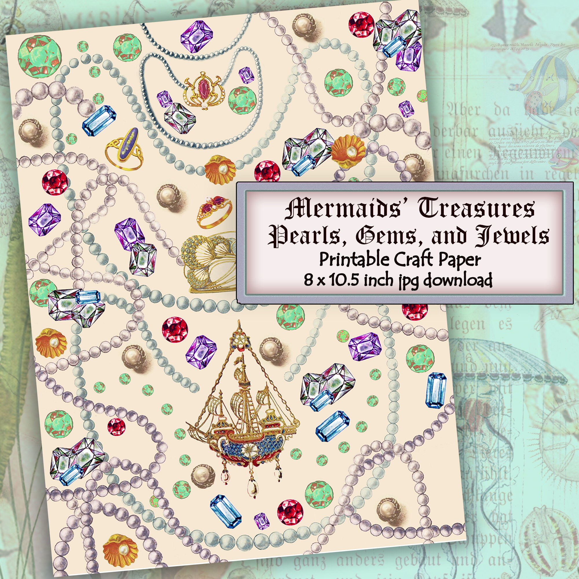 Printable Pearls, Gems, and Jewels Clipart, Mermaid's Treasures Baubles ...
