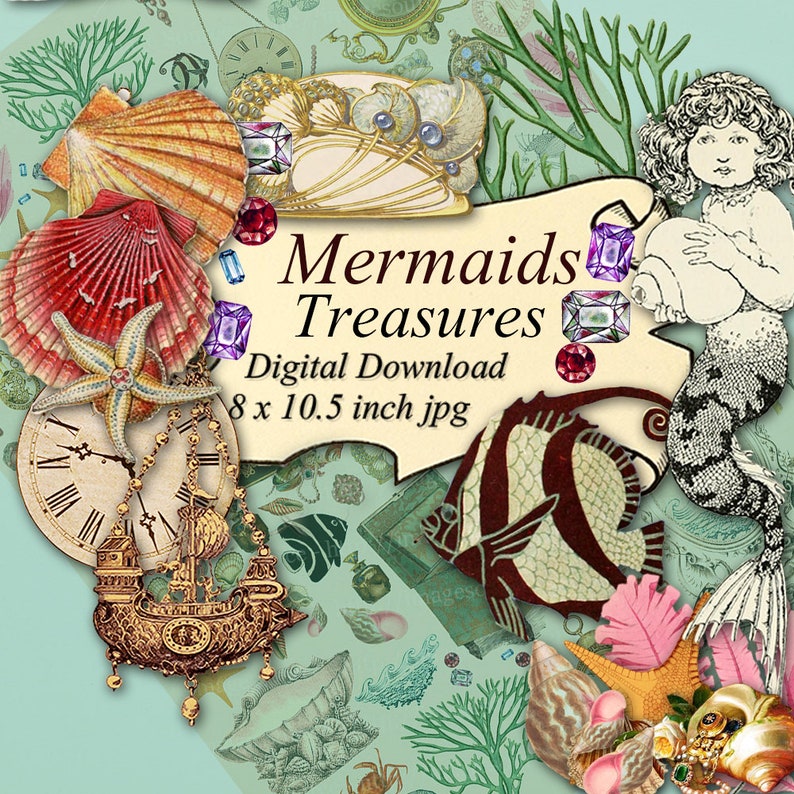 Mermaids Treasures Printable, Fairy tale Collage Sheet, Jewelry, Pearls, and Treasure Chests Clip Art image 4