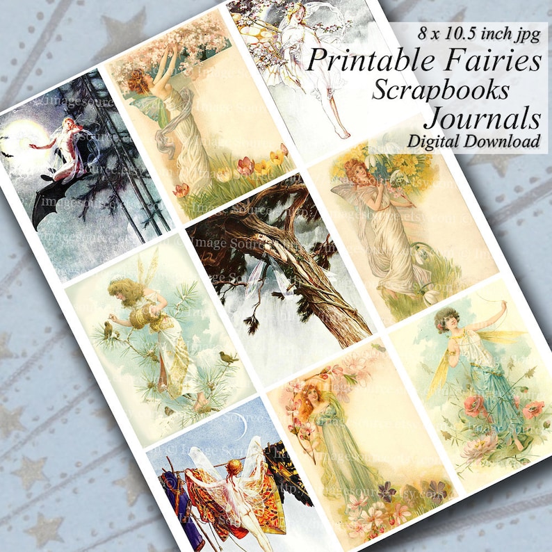 Printable Fairy Cards, Journaling Scrapbooking Embellishments, Digital Collage Sheet image 1