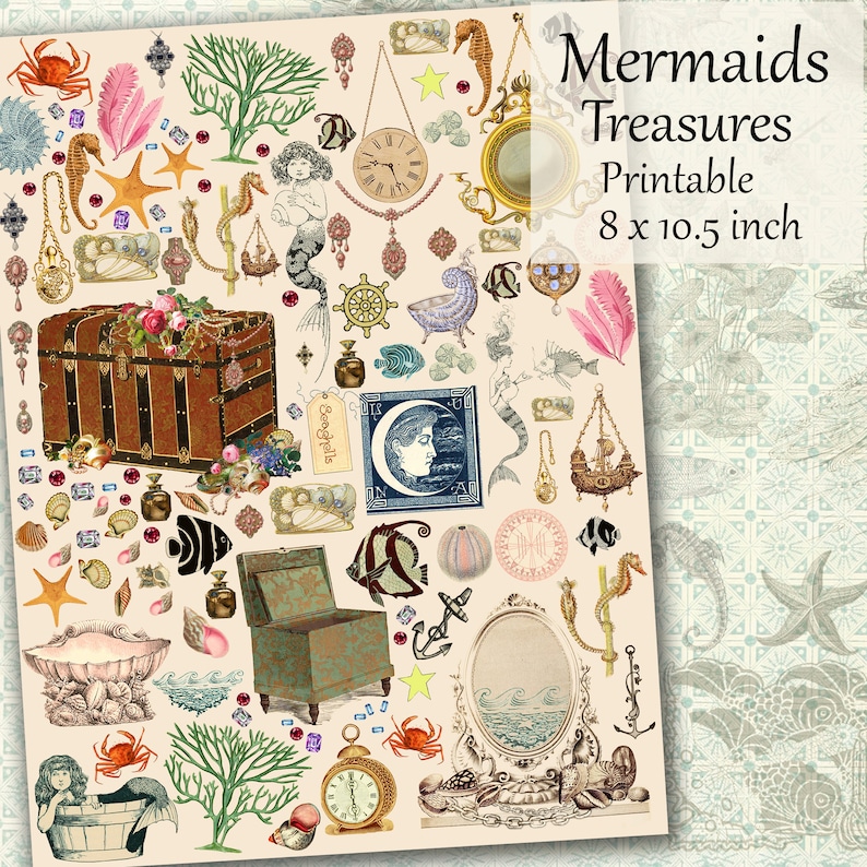 Mermaids Treasures Printable, Fairy tale Collage Sheet, Jewelry, Pearls, and Treasure Chests Clip Art image 1