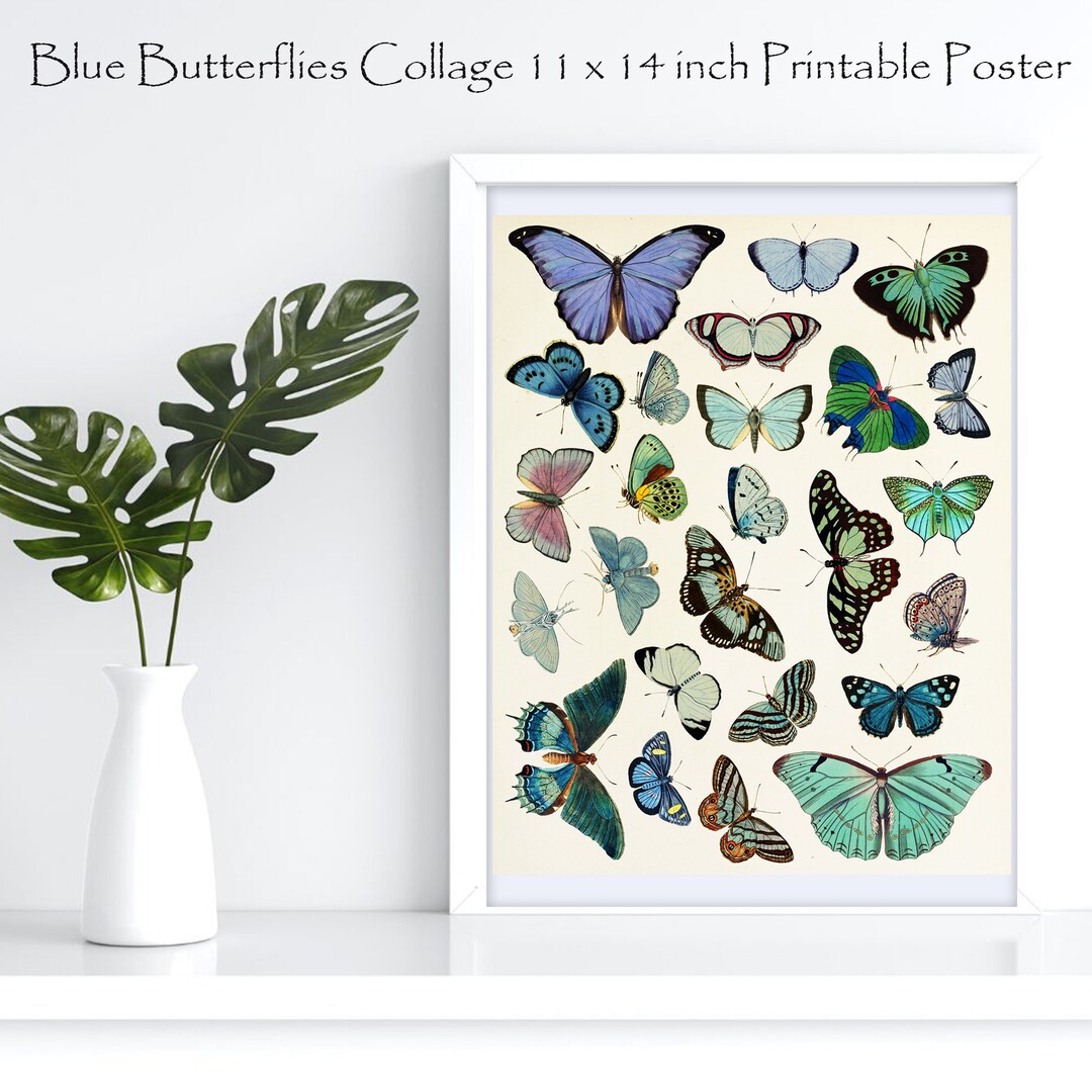 Printable Blue Butterflies Wall Art, Colorful Butterfly Collage
