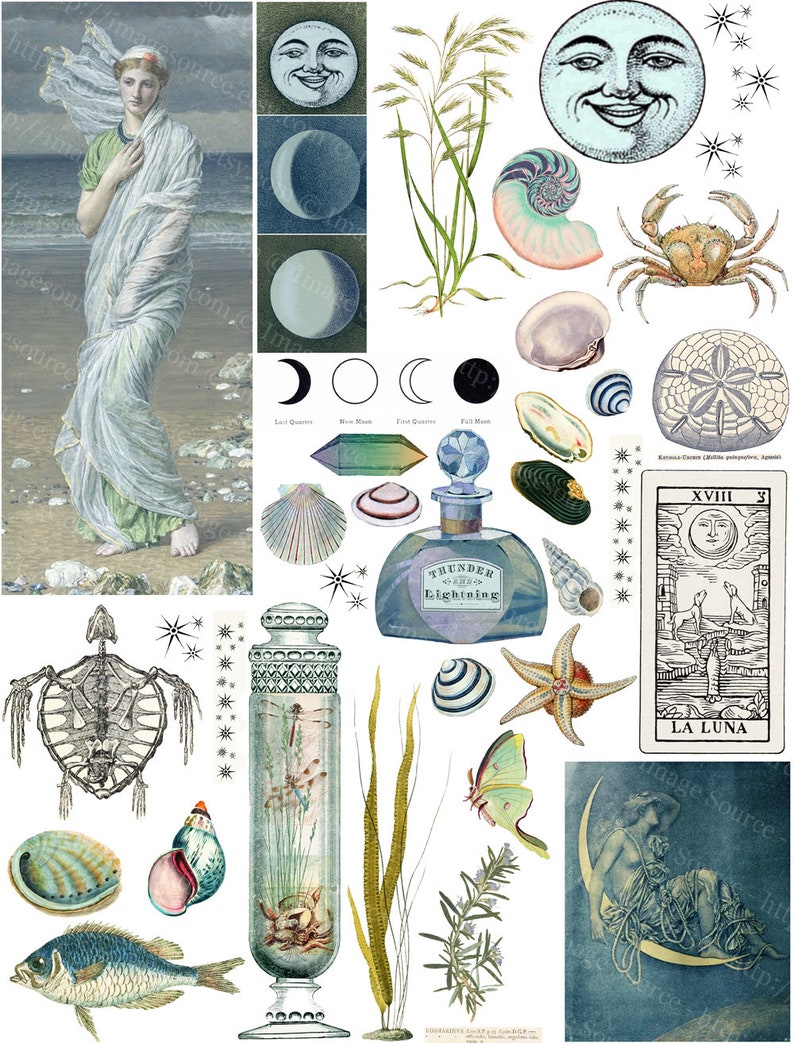 Sea Witch Grimoire Printable Scrapbook Paper, Pagan Wiccan Junk Journal, Digital Collage Sheet, Instant Download image 2