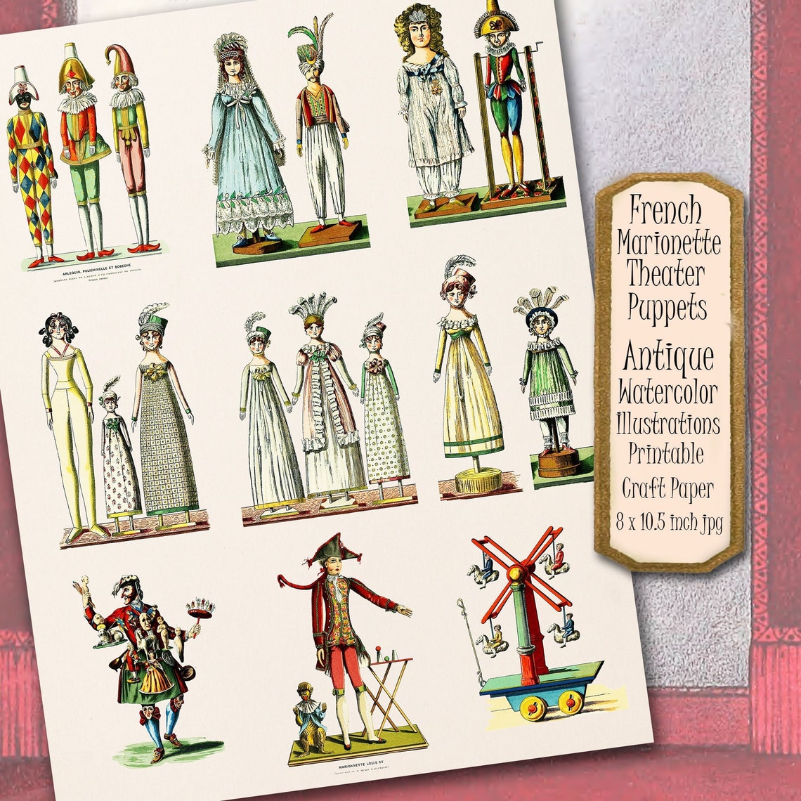 Printable French Theater Puppets, 9 Digital Antique