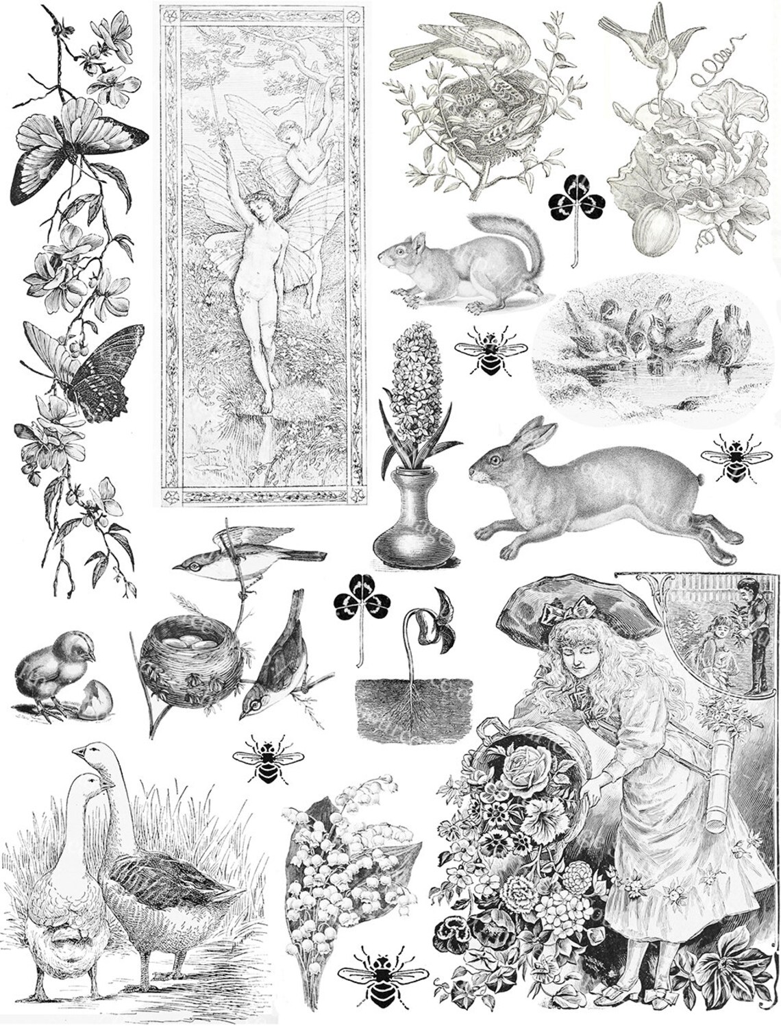 Spring Ephemera Printable in Black and White for Scrapbooking | Etsy