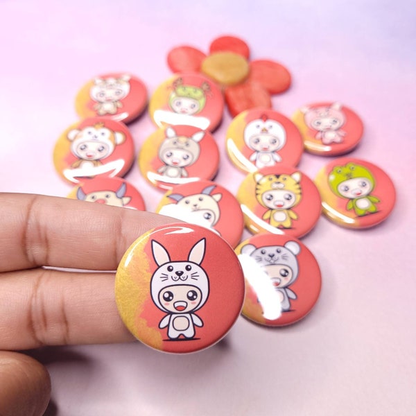 Rabbit Buttons, Button Pins, Year Of The Rabbit, Buttons For Backpack, Kpop Pins, Badges Buttons, Chinese Zodiac, Kawaii Pinback Buttons