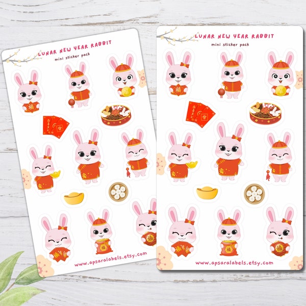 Lunar New Year Stickers, Lunar New Year 2023, Chinese New Year Sticker Rabbit, Year Of The Rabbit, Stationery Sticker, Planner Sticker Sheet