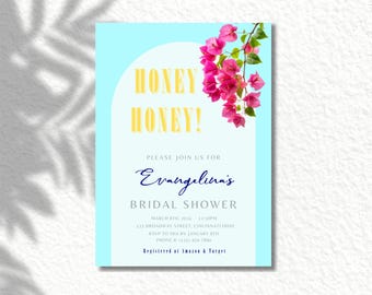 May include: A light blue bridal shower invitation with a yellow and white circle that says "Honey Honey!" in yellow text. The invitation has a pink floral design on the right side and includes the bride's name, date, time, location, RSVP information, and registry details.