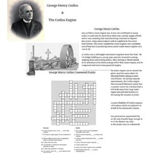 Könnte beinhalten: Schwarz-Weiß-Bild von George Henry Corliss und der Corliss-Maschine. Das Bild enthält ein Porträt, eine Maschinenillustration und ein Kreuzworträtsel mit dem Titel "George Henry Corliss Crossweed Puzzle."