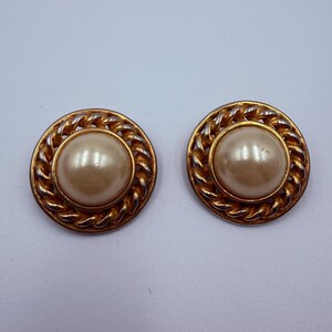 Vintage Signed Premier USA Gold Tone Faux Pearl Clip on Statement Earrings