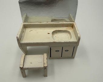 Vintage Strombecker Dollhouse Miniature Wood Vanity With Stool
