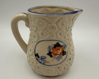 VTG kleine aardewerk kan witte getextureerde madeliefjes met geschilderde roze bloemen Japan