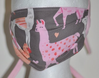 Llamas Handmade Reusable Washable Face Mask with Filter Pocket and Ties, Cotton Outer, Cotton Lining