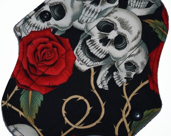 Liner Core- Skull and Roses Reusable Cloth Petite Pad- WindPro Fleece- 6.5 Inches