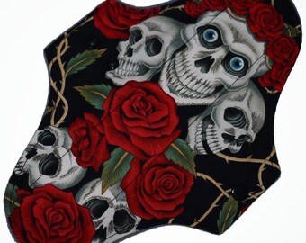 Moderate Core- Skull and Roses Reusable Cloth Maxi Pad- WindPro Fleece- 10 Inches (25.5 cm)