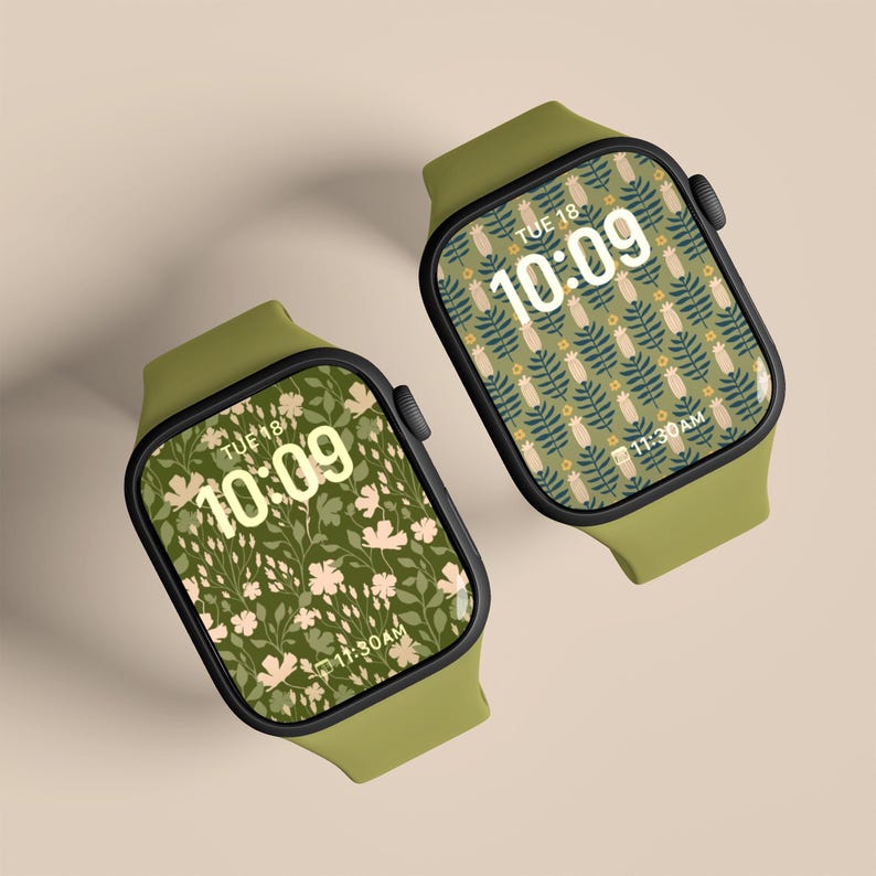May include: Two green Apple Watch smartwatches with floral watch faces. The watch faces display the time as 10:09 and the date as TUE 18. The time is also displayed as 11:30 AM on both watches.
