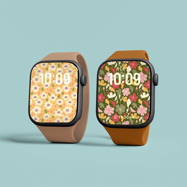 May include: Two Apple Watch smartwatches with different floral watch faces. The watch on the left has a yellow and white floral pattern. The watch on the right has a green, pink, and white floral pattern. Both watches have a digital clock face displaying the time as 10:09.