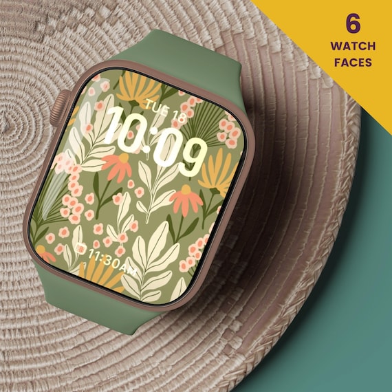Green Floral Apple Watch Wallpaper, Botanical Watch Faces (Digital Download)