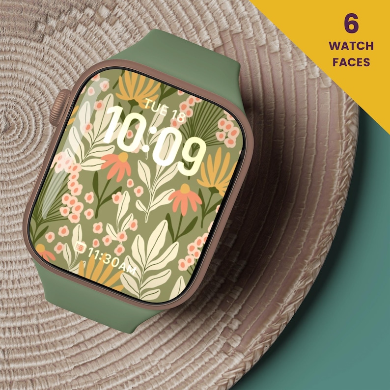 May include: A green smartwatch with a floral pattern watch face. The watch face displays the time as 10:09 and the date as Tue 18. The watch also displays the time as 11:30 AM.