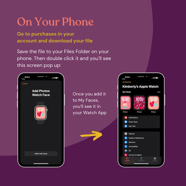 May include: A screenshot of an iPhone showing how to add a custom photo watch face to an Apple Watch. The screen shows a watch face with a photo of a heart and the time 10:09. The text on the screen says "Add Photos Watch Face".