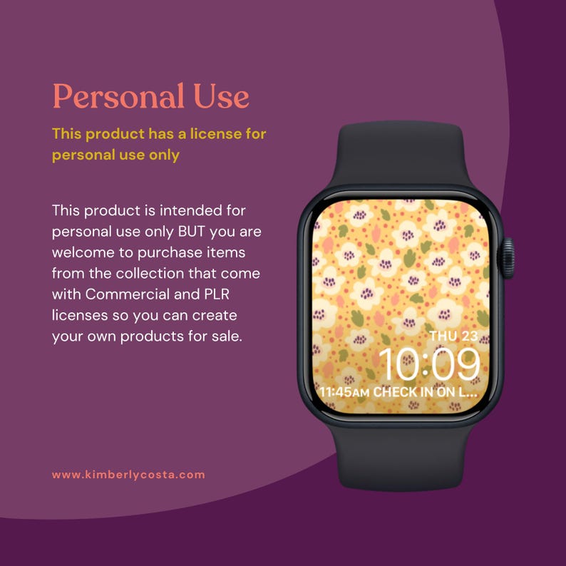 May include: A black Apple Watch with a floral watch face. The watch face displays the time as 10:09 and the date as Thursday, 23rd. The text "11:45AM CHECK IN ON L..." is displayed below the time.