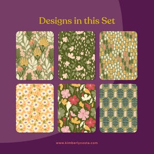 May include: Six different floral patterns in green, yellow, pink, and red. The patterns are arranged in a grid of two rows and three columns. The text "Designs in this Set" is at the top of the image. The text "www.kimberlycosta.com" is at the bottom of the image.