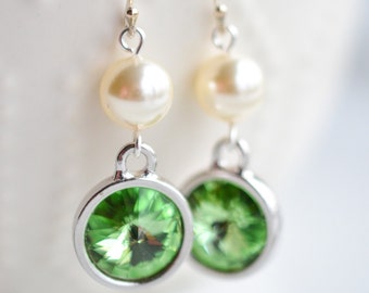 August Birthstone Peridot Crystal and Pearl Silver Earrings