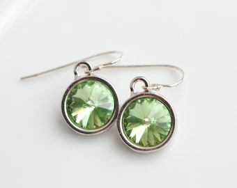 August Birthstone Peridot Crystal Silver Earrings