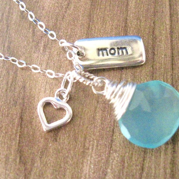 Mom Necklace with Aqua Chalcedony Wire Wrapped Pendant