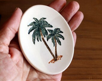 Ceramic PALM TREES Ring Dish - Small Handmade Oval Porcelain Tropical Tree Jewelry Dish - Wedding Ring Dish - Tea Bag Holder - Ready To Ship