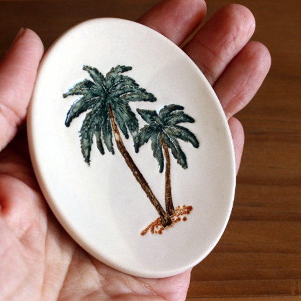 Ceramic PALM TREES Ring Dish - Small Handmade Oval Porcelain Tropical Tree Jewelry Dish - Wedding Ring Dish - Tea Bag Holder - Ready To Ship