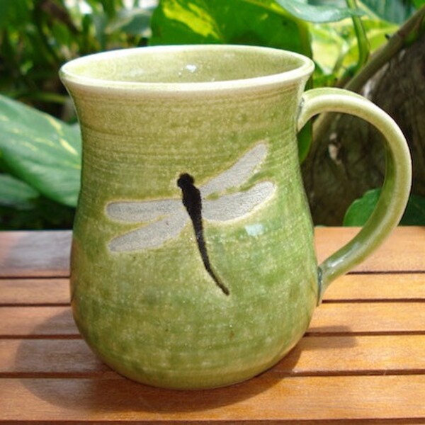 Nice Handmade Stoneware DRAGONFLY Mug in Fern Mist Green