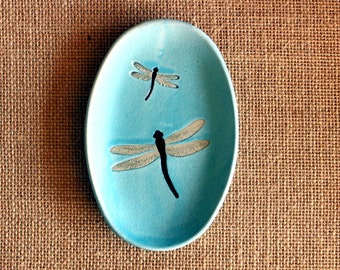 Ceramic DRAGONFLIES Jewelry Dish - Shallow Handmade Oval Porcelain Dragonfly Insect Dish - Multipurpose Dish - Ready To Ship