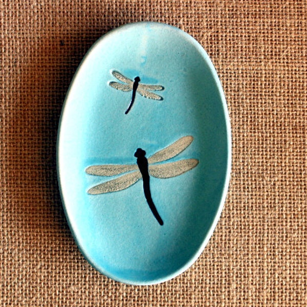 Ceramic DRAGONFLIES Jewelry Dish - Shallow Handmade Oval Porcelain Dragonfly Insect Dish - Multipurpose Dish - Ready To Ship