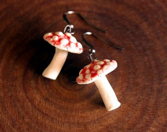 Ceramic MUSHROOM Earrings - Handmade Red & White Porcelain Amanita Mushroom Earrings - Spotted Mushrooms - Ready To Ship
