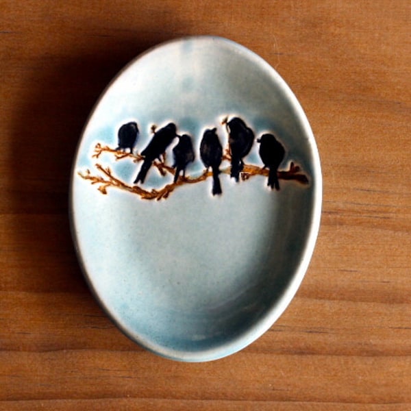 Ceramic BIRDS ON BRANCH Ring Dish - Handmade Light Blue Stoneware Ring Dish with Birds - Pill Dish - Ready To Ship