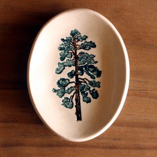 Ceramic PINE TREE Ring Dish - Handmade Oval Porcelain Ponderosa Pine Tree Jewelry Dish - Wedding Ring Dish - Gift for Her - Ready To Ship