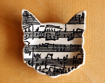 Ceramic CAT Sheet Music Ring Dish - Handmade Porcelain B&W Sheet Music Cat Ring Dish - Tea Bag Holder - Wedding Ring Dish - Ready To Ship