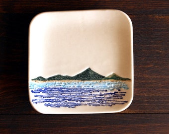 Ceramic MOUNTAINS & WAVES Ring Dish - Handmade Square Porcelain Island Water Dish - Jewelry Dish - Pill Dish - Spoon Rest - Ready To Ship