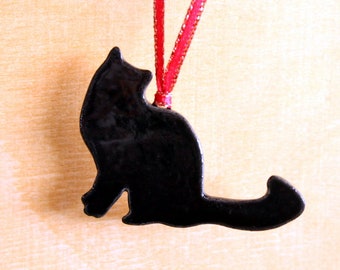 SALE - Ceramic CAT Ornament - Handmade Stoneware Strung Black Cat Christmas Ornament - Holiday Decoration - Ready To Ship